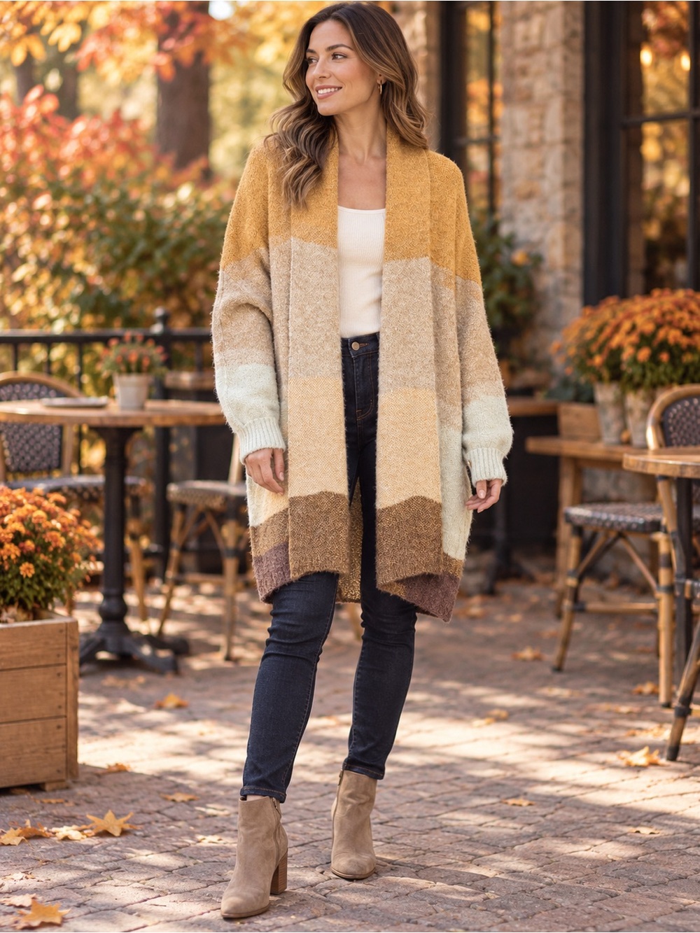 Joseph A Striped Open-Front Cardigan in Mustard, Cream & Brown
